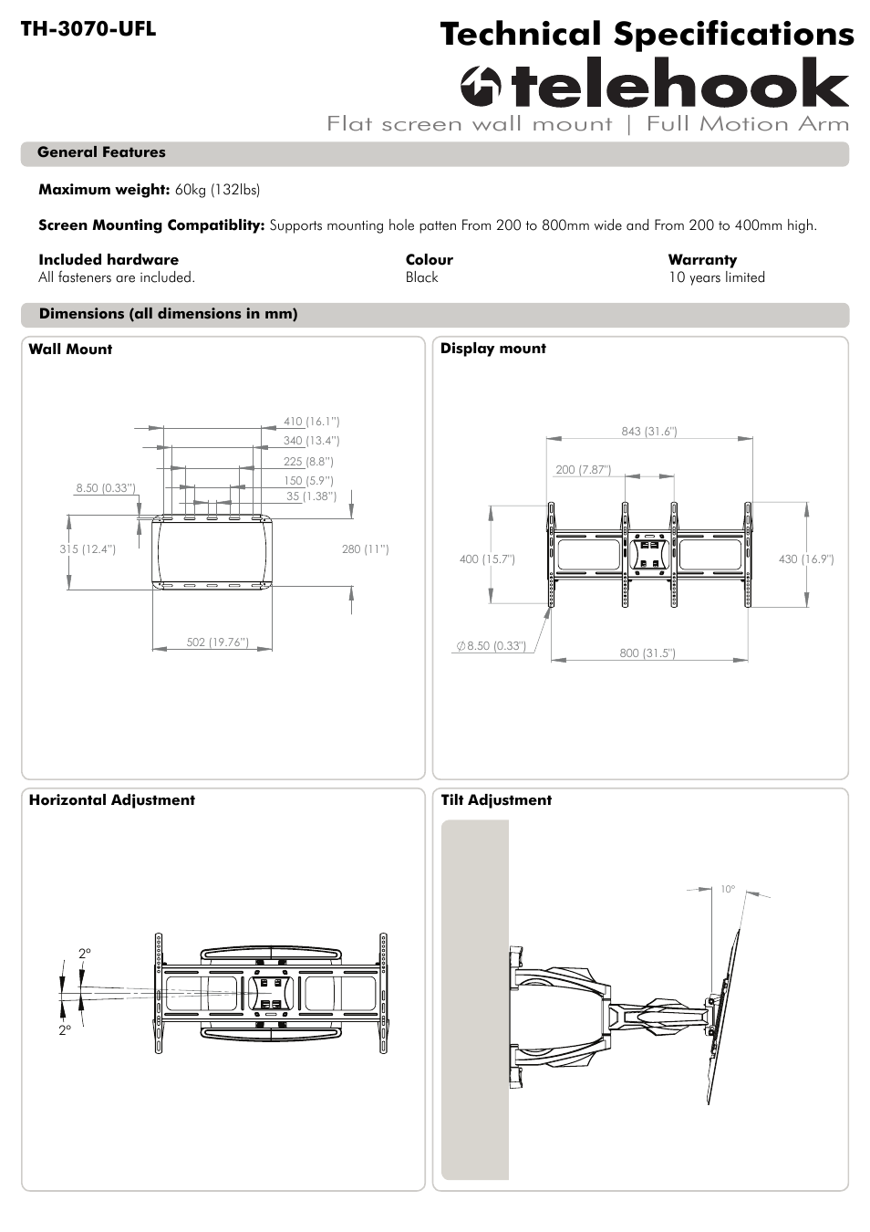 Atdec Telehook TH-3070-UFL Technical specs User Manual | 2 pages