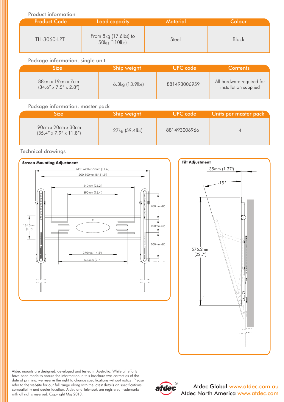 Technical specification, Th-3070-utp flat screen portrait wall mount | tilt, General features dimensions | Steel, Black, Technical drawings | Atdec Telehook TH-3060-LPT product brochure User Manual | Page 2 / 2