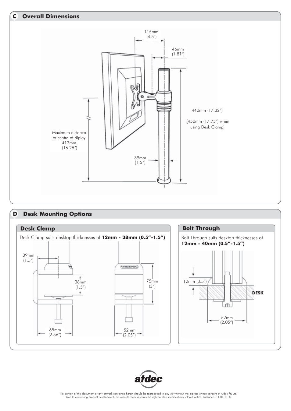 Bolt through | Atdec Visidec VF-M Technical specs User Manual | Page 2 / 2