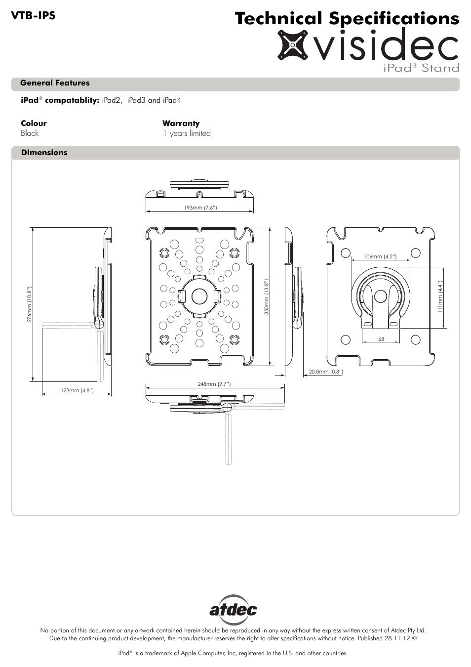 Atdec Visidec VTB-IPS Technical specs User Manual | 1 page