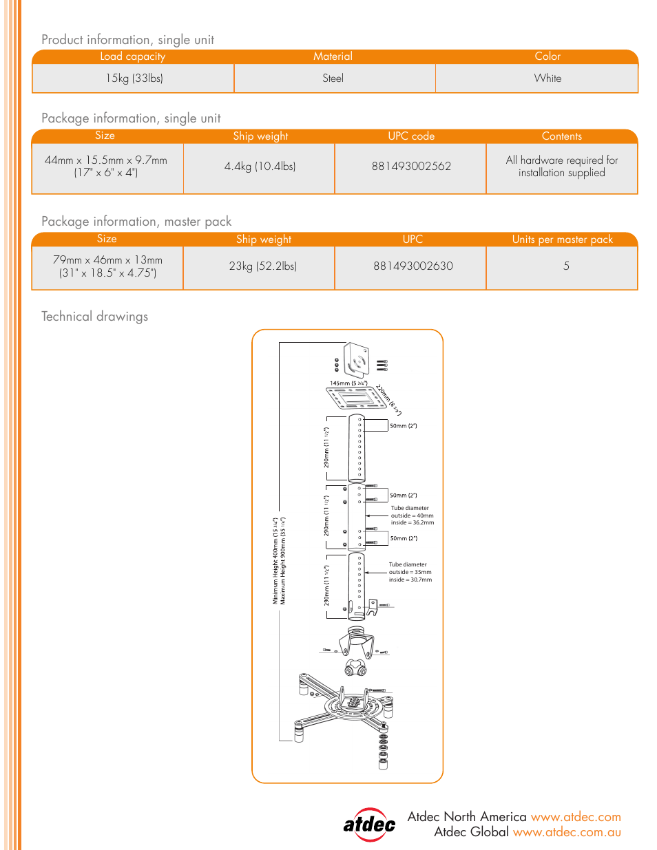 Atdec Telehook TH-WH-PJ-CM product brochure User Manual | Page 2 / 2