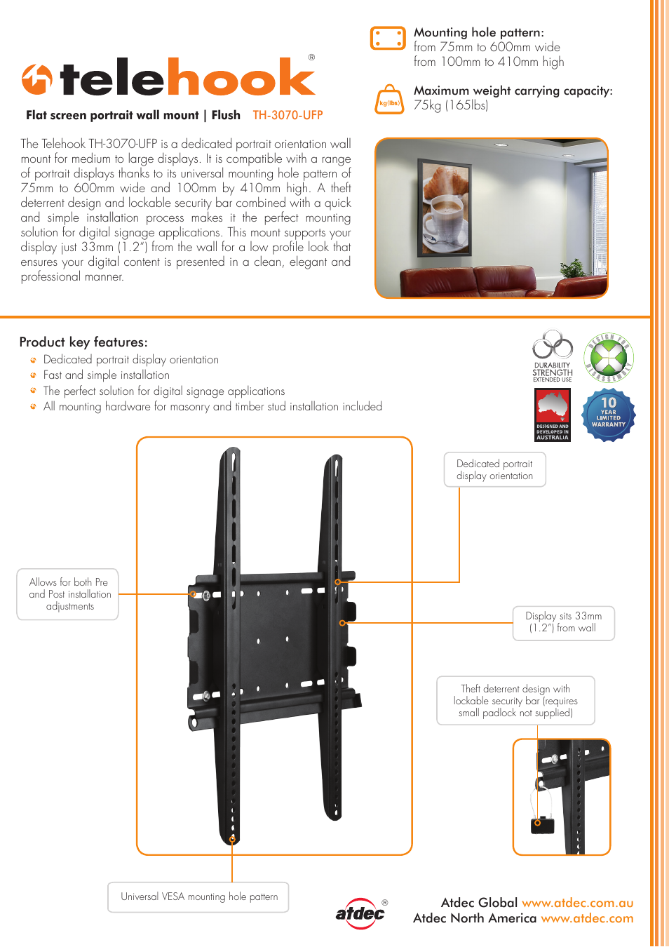 Atdec Telehook TH-3070-UFP product brochure User Manual | 2 pages