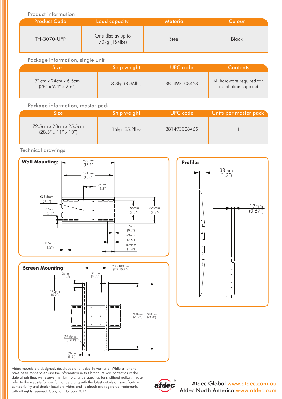 Telehook th-3070-ufp product brochure_update_p2, Technical specification, Th-3070-utp flat screen portrait wall mount | tilt | General features dimensions, Steel, Black, Technical drawings | Atdec Telehook TH-3070-UFP product brochure User Manual | Page 2 / 2