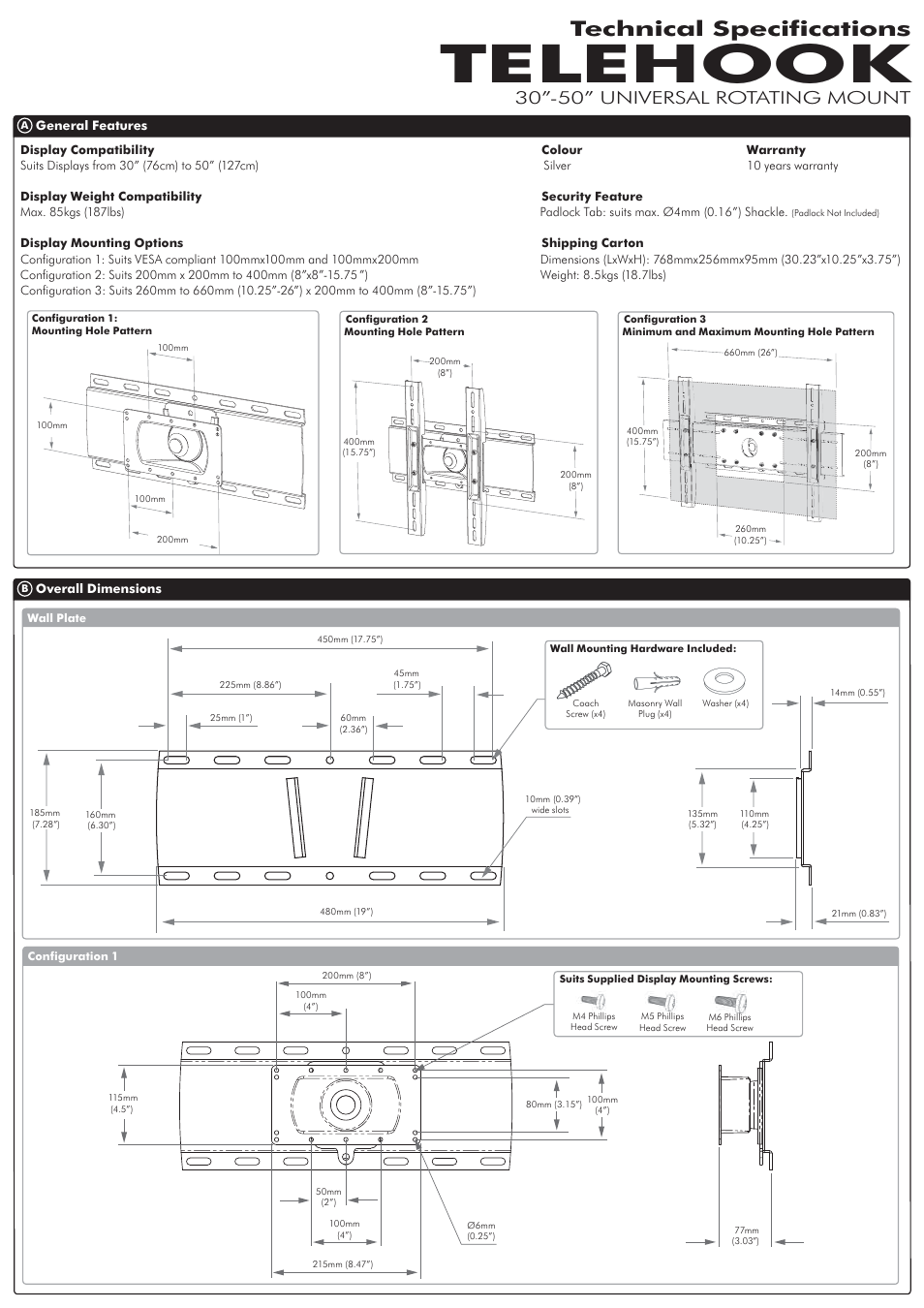 Atdec Telehook TH-30-50-RW Technical specs User Manual | 2 pages