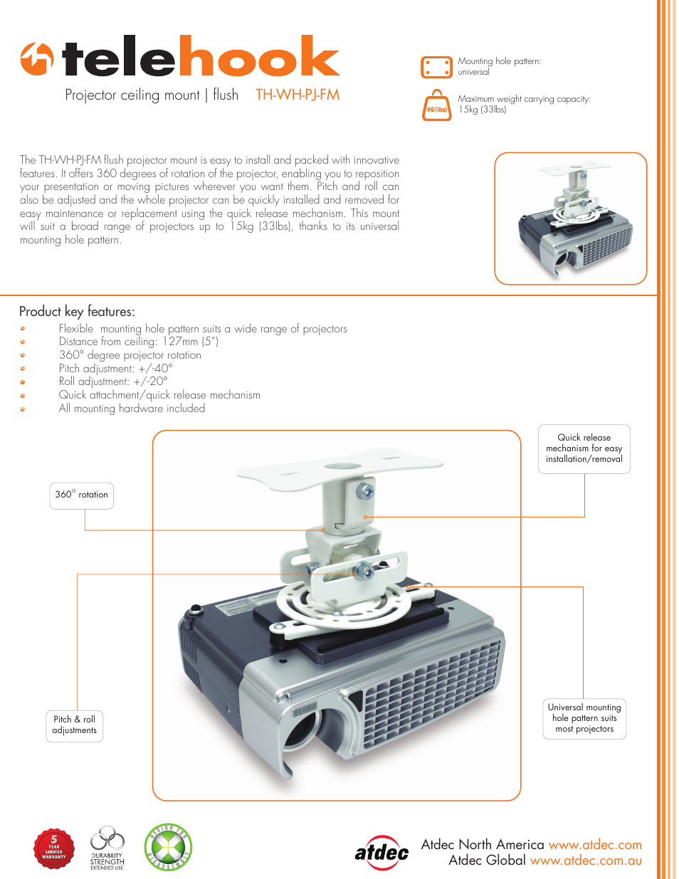 Atdec Telehook TH-WH-PJ-FM product brochure User Manual | 2 pages