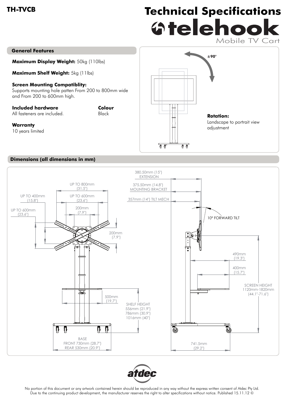 Atdec Telehook TH-TVCB Technical specs User Manual | 1 page