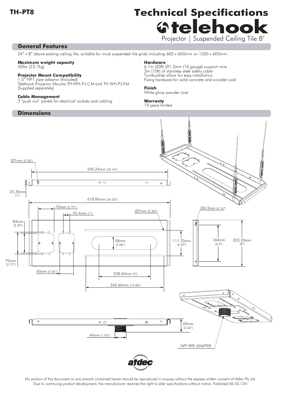 Atdec Telehook TH-PT8 Technical specs User Manual | 1 page