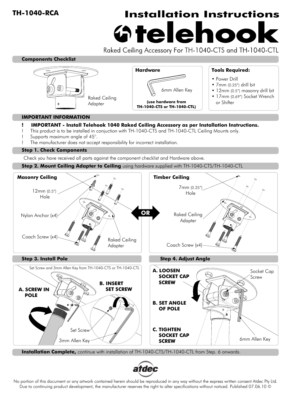 Atdec Telehook TH-1040-RCA Installation manual User Manual | 1 page