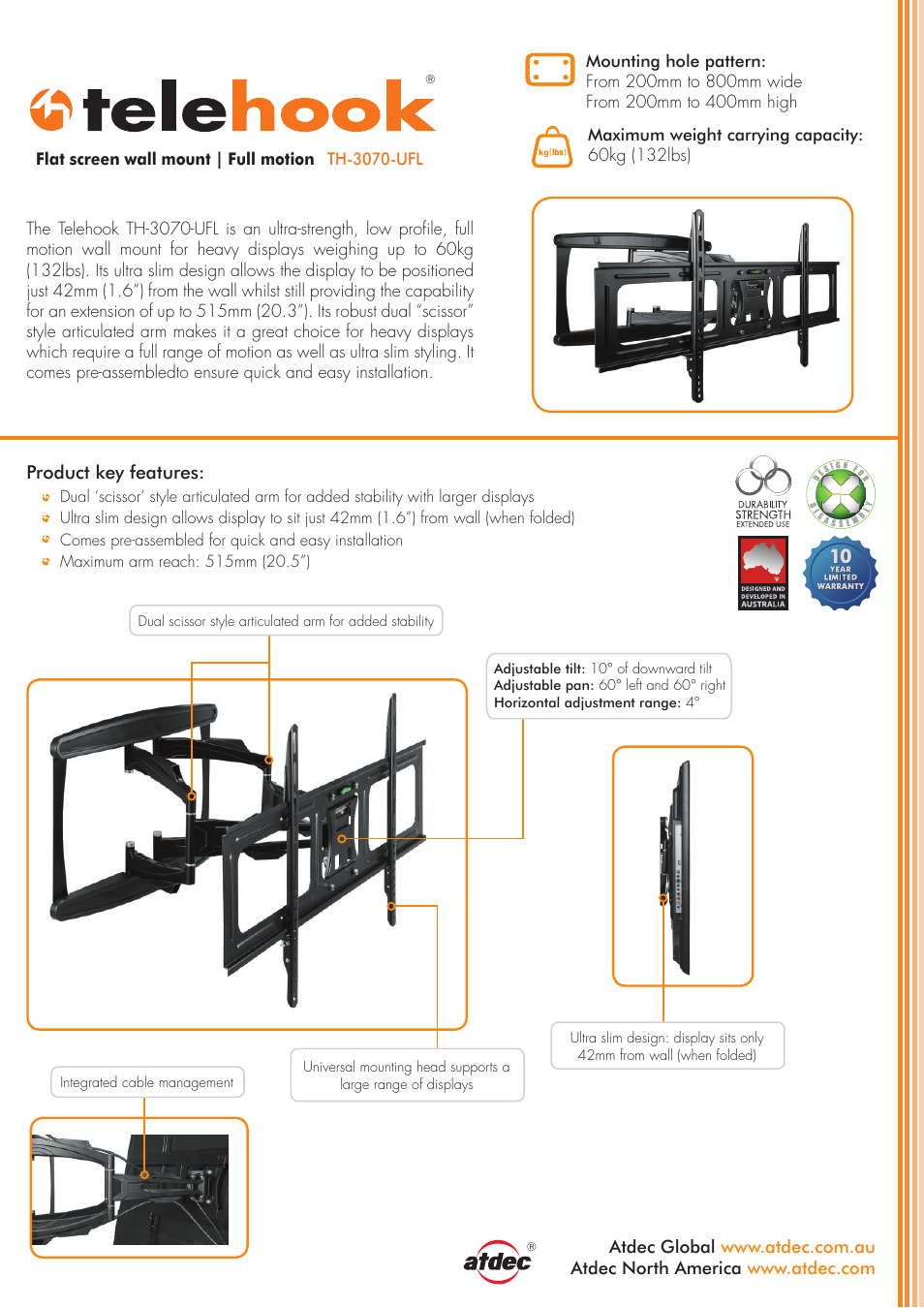 Atdec Telehook TH-3070-UFL product brochure User Manual | 2 pages