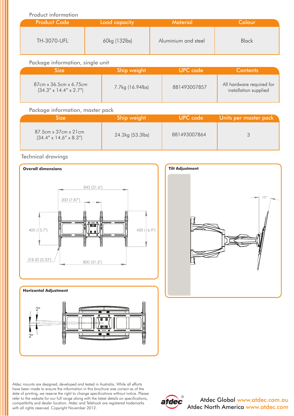 Telehook th-3070-ufl product brochure je p2, Technical specifications, Flat screen wall mount | full motion arm | Atdec Telehook TH-3070-UFL product brochure User Manual | Page 2 / 2