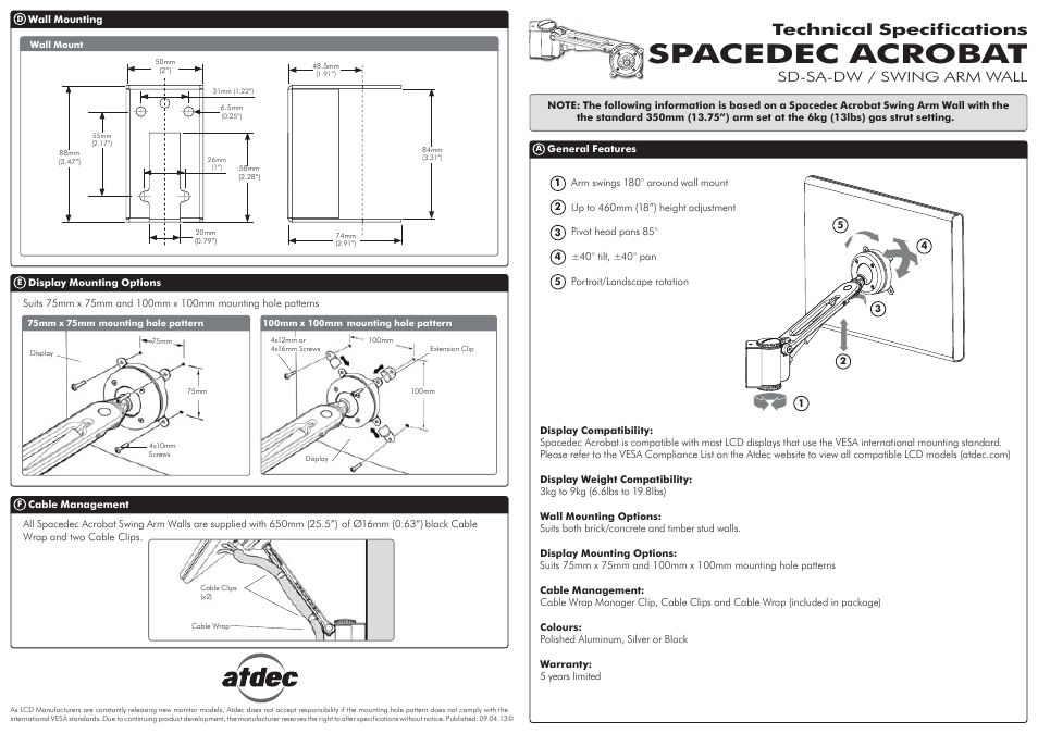 Atdec Spacedec SD-SA-DW Technical specs User Manual | 2 pages