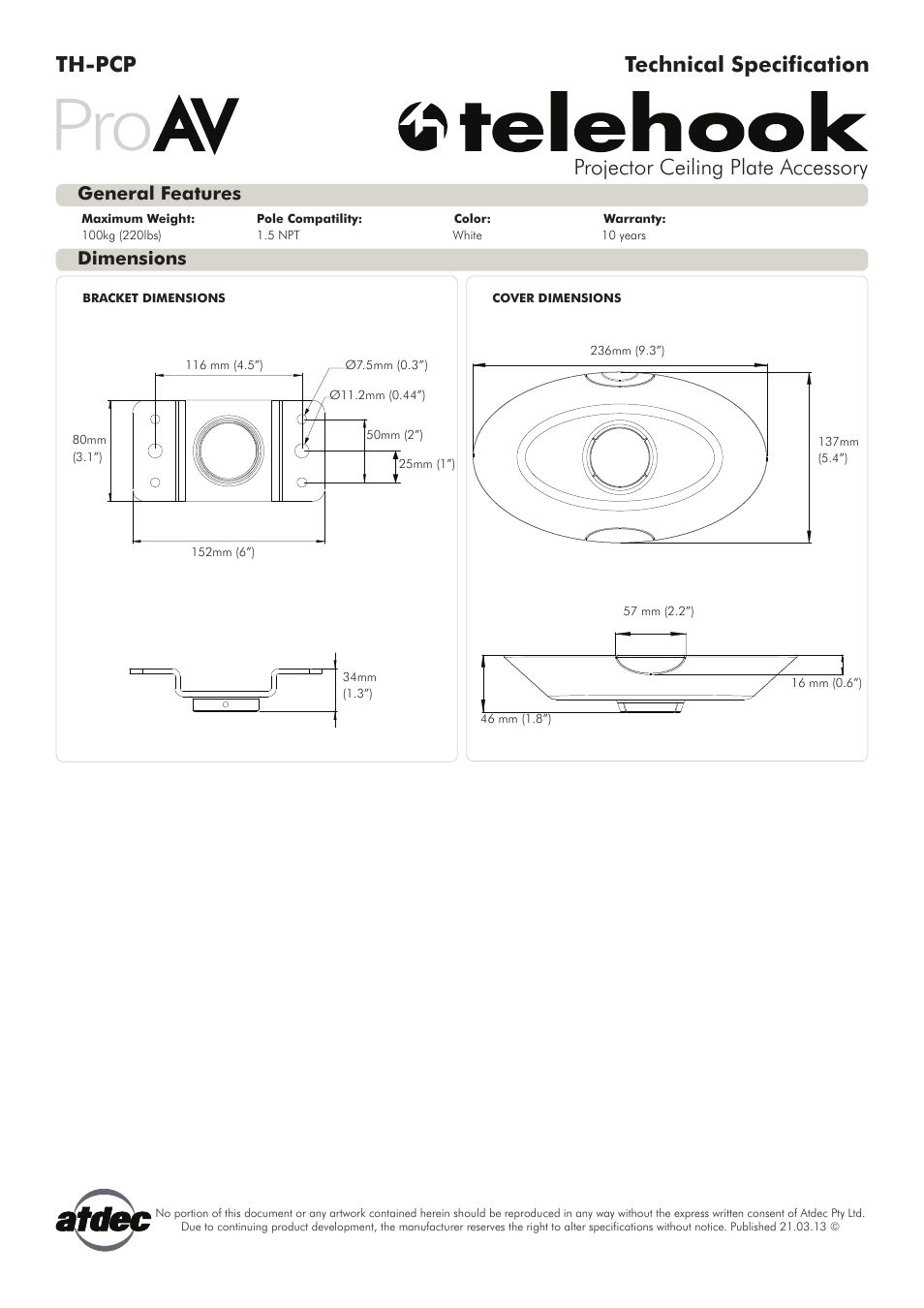 Atdec Telehook TH-PCP Technical specs User Manual | 1 page
