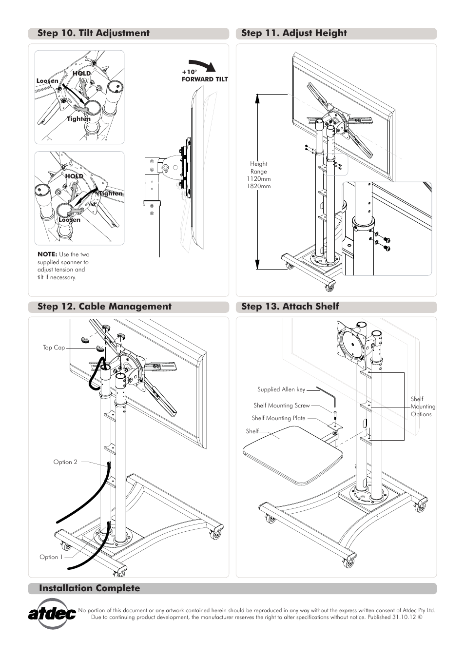 Telehook th-tvcb installation manual3-01, Installation complete, Step 10. tilt adjustment step 11. adjust height | Step 12. cable management step 13. attach shelf | Atdec Telehook TH-TVCB Installation manual User Manual | Page 3 / 3