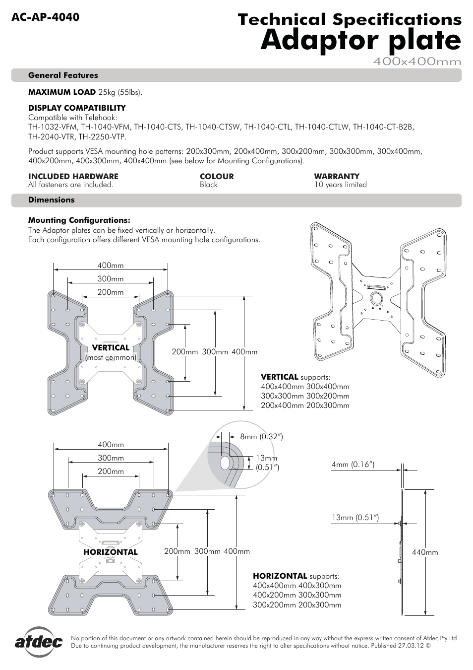 Atdec Adaptor AC-AP-4040 Technical specs User Manual | 1 page