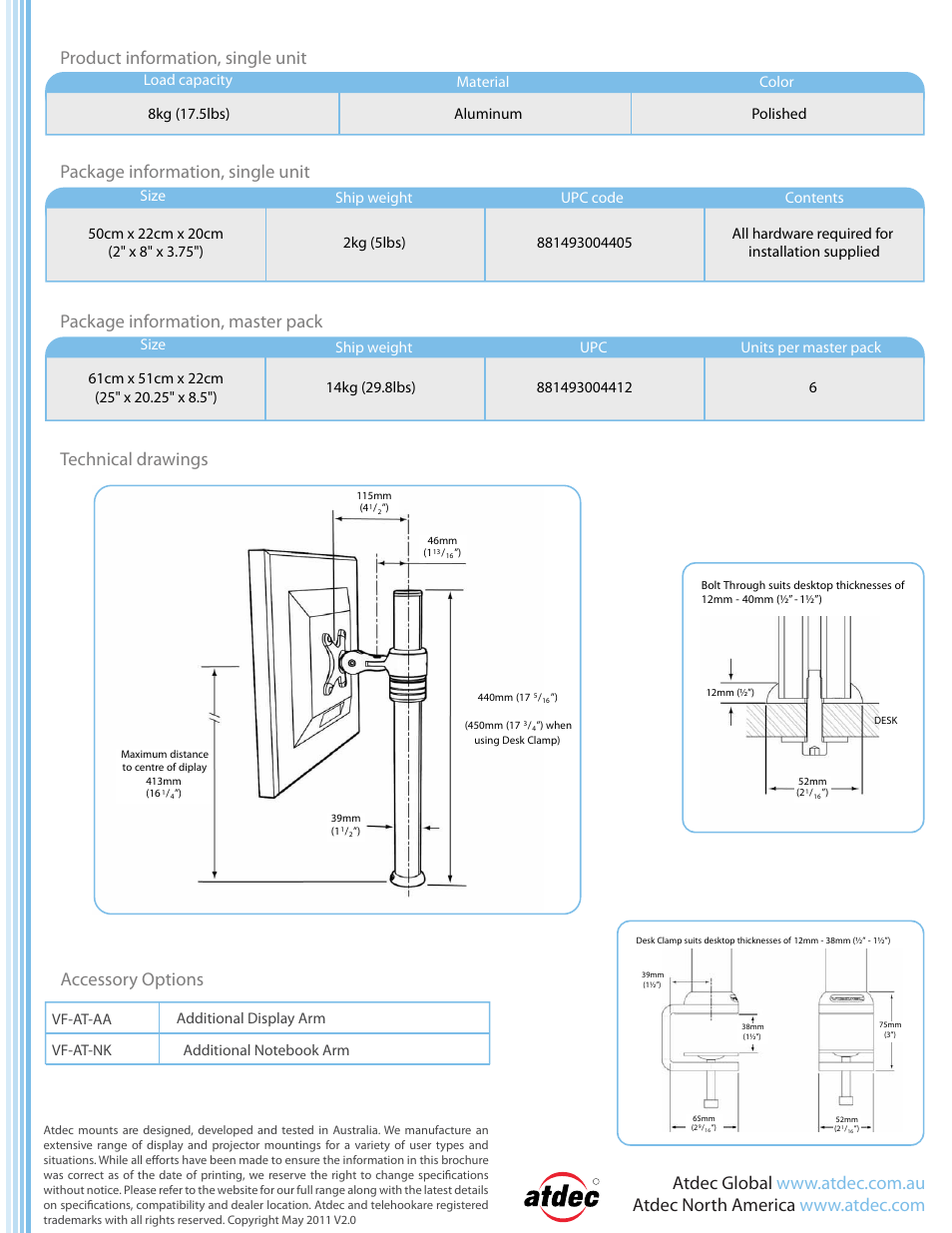 Accessory options | Atdec Visidec VF-M product brochure User Manual | Page 2 / 2
