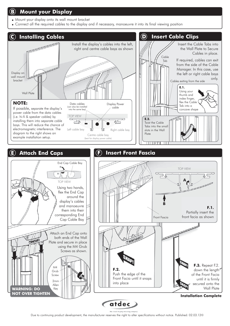 Telehook th-an-cm installation manual2-01, B mount your display, C installing cables | F insert front fascia e attach end caps, D insert cable clips | Atdec Telehook TH-AN-CM Installation manual User Manual | Page 2 / 2