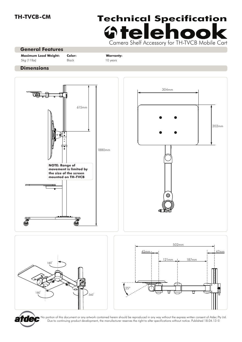 Atdec Telehook TH-TVCB-CM Technical specs User Manual | 1 page