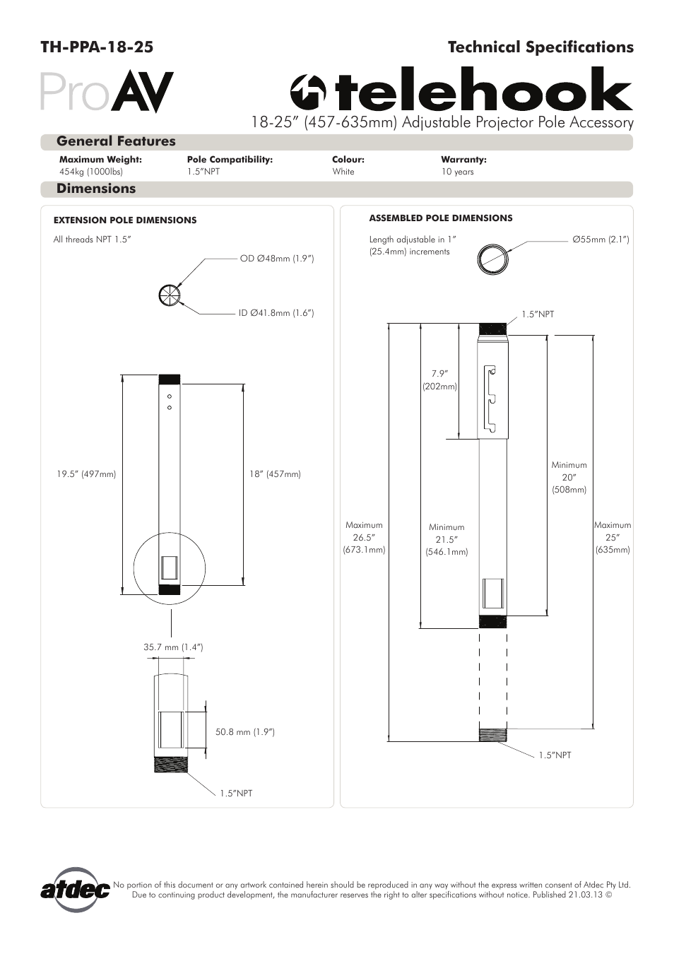 Atdec Telehook TH-PPA-1825 Technical specs User Manual | 1 page