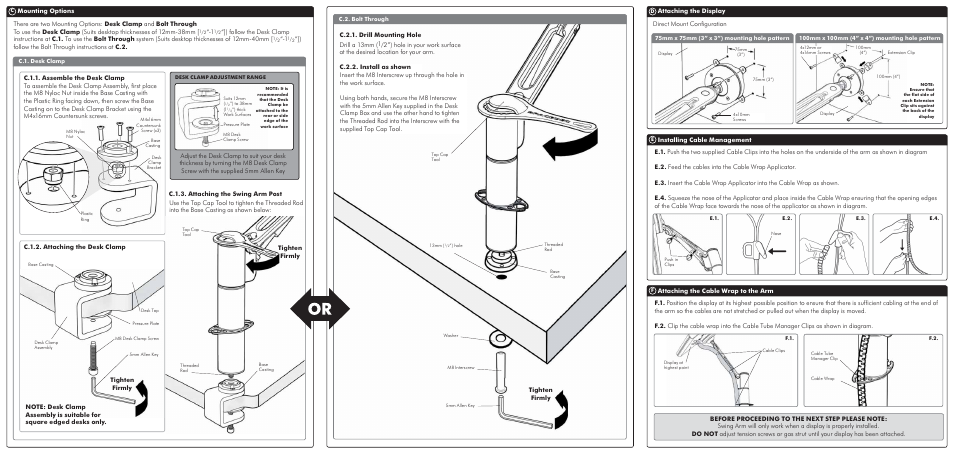 Mounting options, Attaching the display, Direct mount configuration | Installing cable management, Attaching the cable wrap to the arm, Tighten firmly tighten firmly | Atdec Spacedec SD-SA-DK Installation manual User Manual | Page 2 / 2