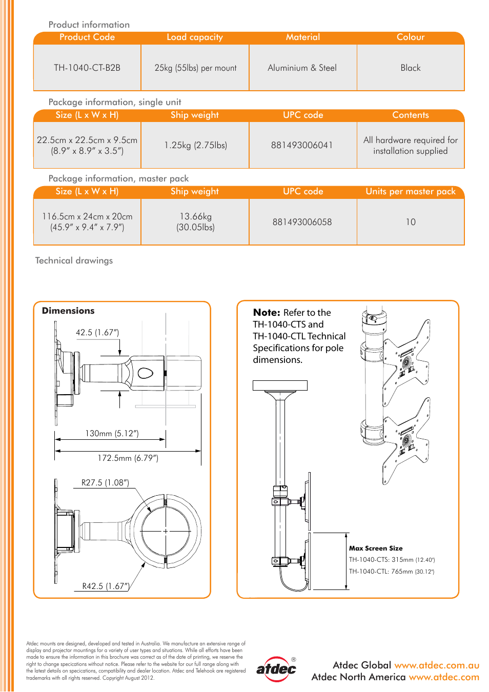 Technical specification, Th-1040-ct-dv | Atdec Telehook TH-1040-CT-B2B product brochure User Manual | Page 2 / 2