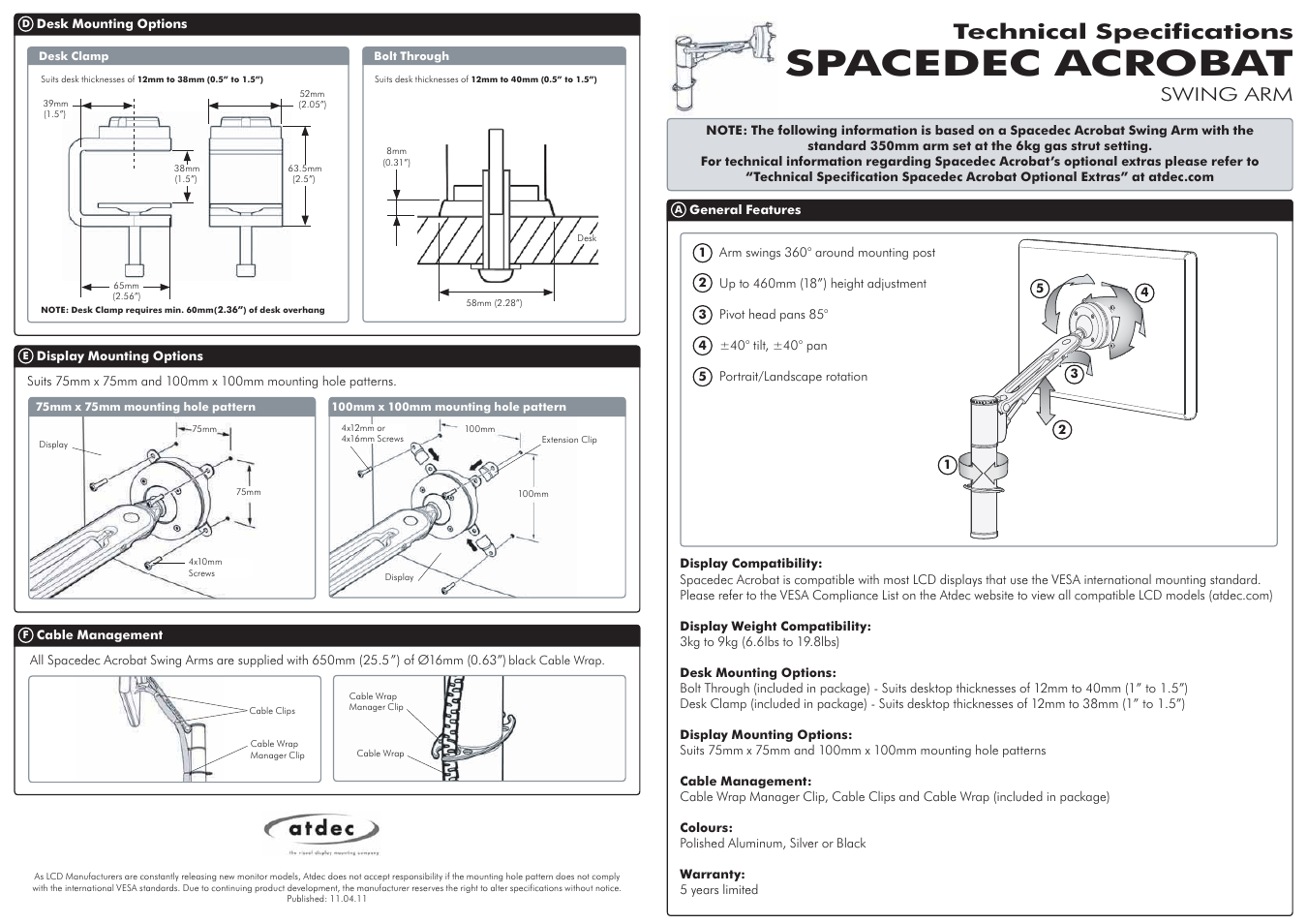 Atdec Spacedec SD-SA-DK Technical specs User Manual | 2 pages