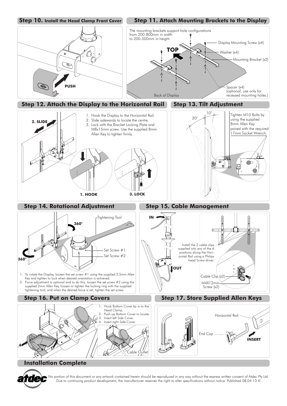 Telehook th-3070-ct installation manual c-01, Step 10, Step 11 | Step 13. tilt adjustment, Attach mounting brackets to the display | Atdec Telehook TH-3070-CTL Installation manual User Manual | Page 3 / 3