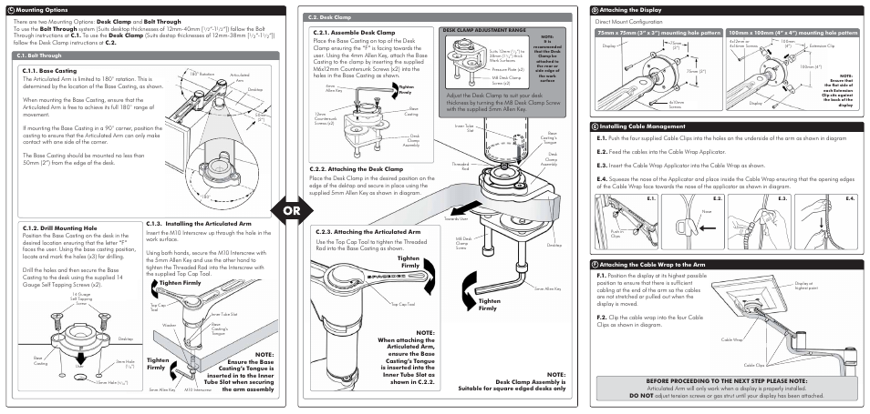 Mounting options, Direct mount configuration, Installing cable management | Attaching the cable wrap to the arm, Tighten firmly, Tighten firmly tighten firmly | Atdec Spacedec SD-AT-DK Installation manual User Manual | Page 2 / 2