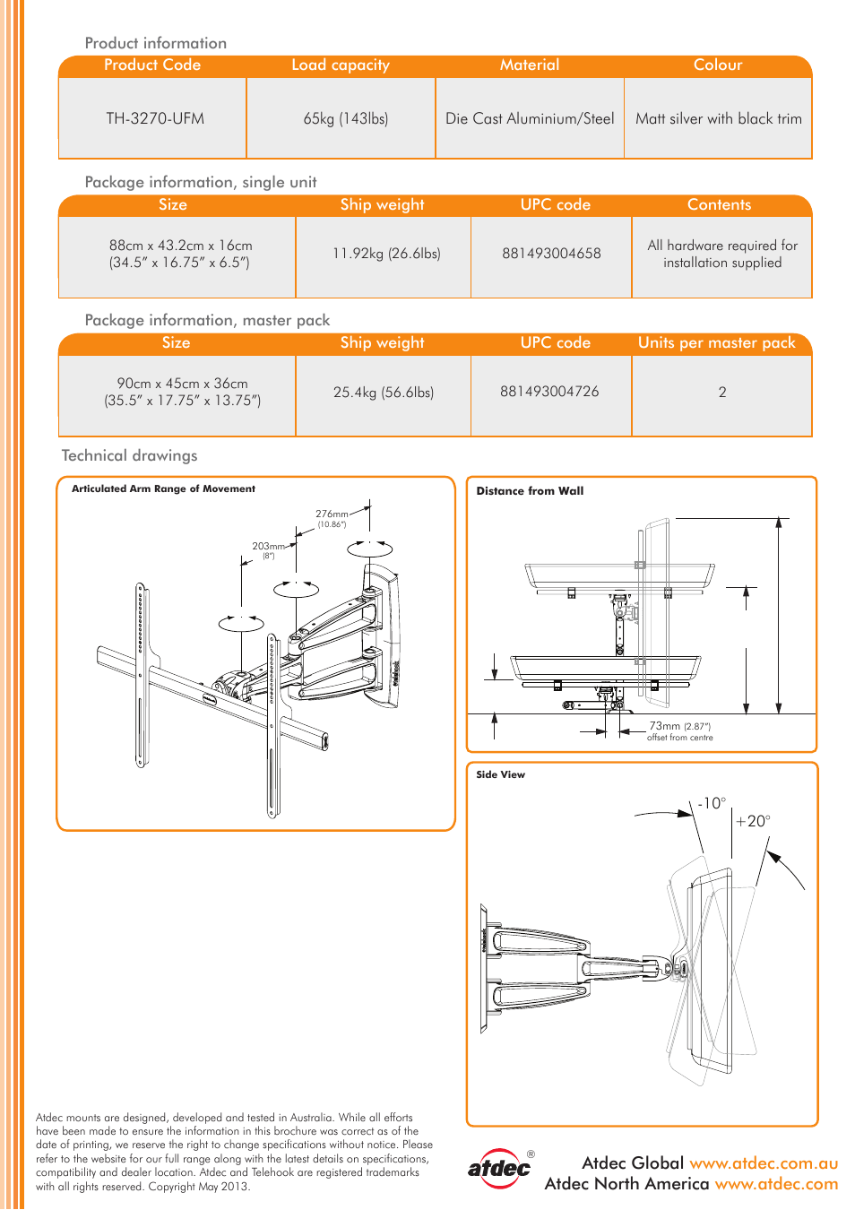 Technical specification, Th-3070-utp flat screen portrait wall mount | tilt, General features dimensions | Die cast aluminium/steel, Matt silver with black trim, Technical drawings | Atdec Telehook TH-3270-UFM product brochure User Manual | Page 2 / 2