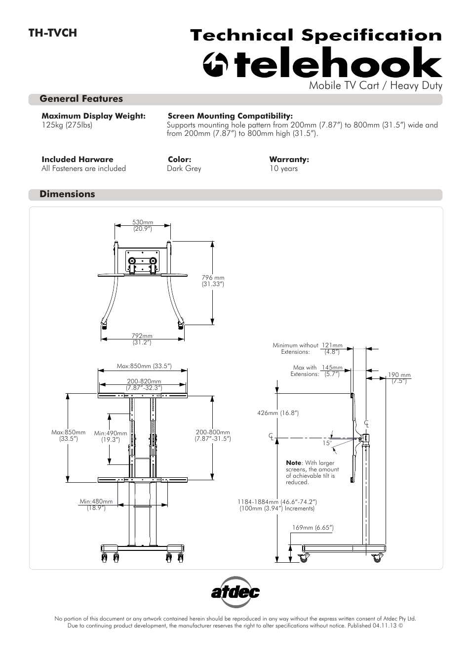 Atdec Telehook TH-TVCH Technical specs User Manual | 1 page