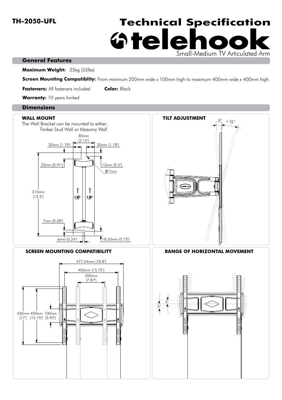 Atdec Telehook TH-2050-UFL Technical specs User Manual | 2 pages