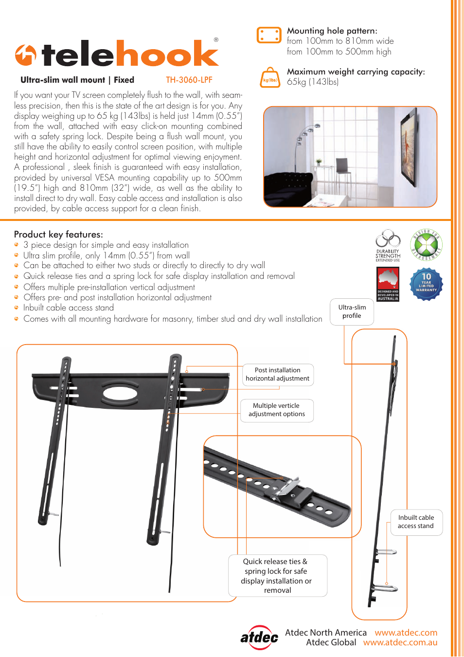 Atdec Telehook TH-3060-LPF product brochure User Manual | 2 pages