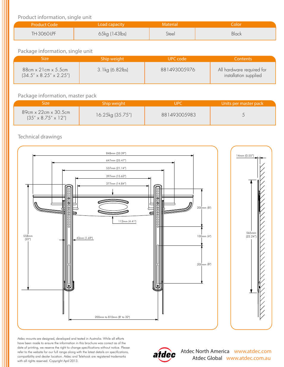 Telehook th-3060-lpf product brochure ip v2-pg 2 | Atdec Telehook TH-3060-LPF product brochure User Manual | Page 2 / 2