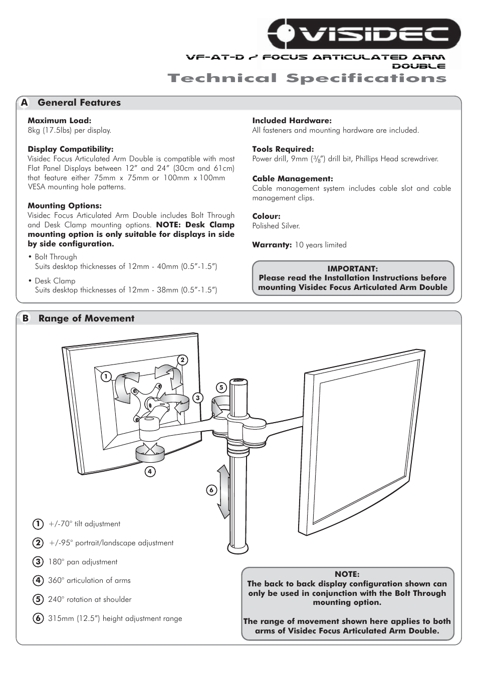Atdec Visidec VF-AT-D Technical specs User Manual | 2 pages