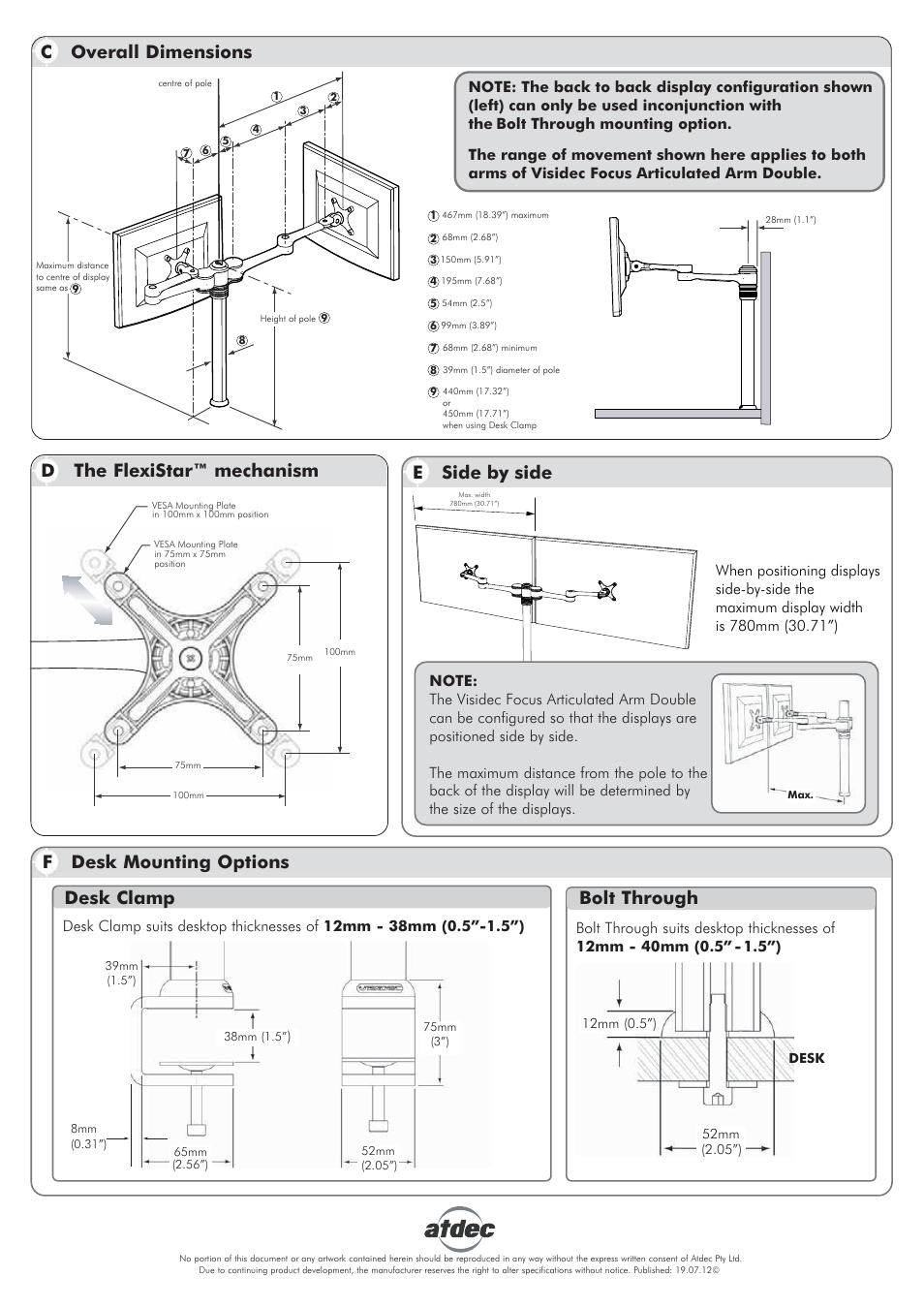 Visidec vf-at-d technical specs new p2-01, D the flexistar™ mechanism, C overall dimensions | E side by side, F desk mounting options desk clamp, Bolt through | Atdec Visidec VF-AT-D Technical specs User Manual | Page 2 / 2