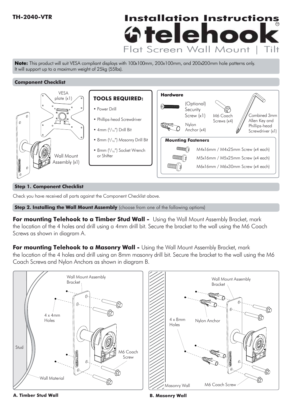 Atdec Telehook TH-2040-VTR Installation manual User Manual | 2 pages