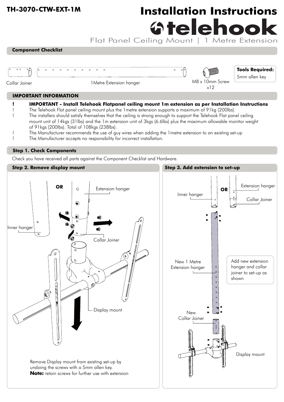 Atdec Telehook TH-3070-CTW-EXT-1M Installation manual User Manual | 2 pages