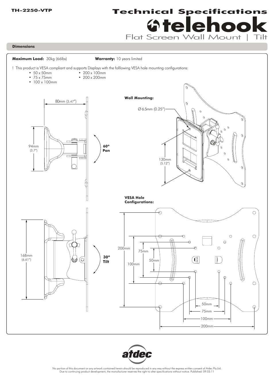 Atdec Telehook TH-2250-VTP Technical specs User Manual | 1 page
