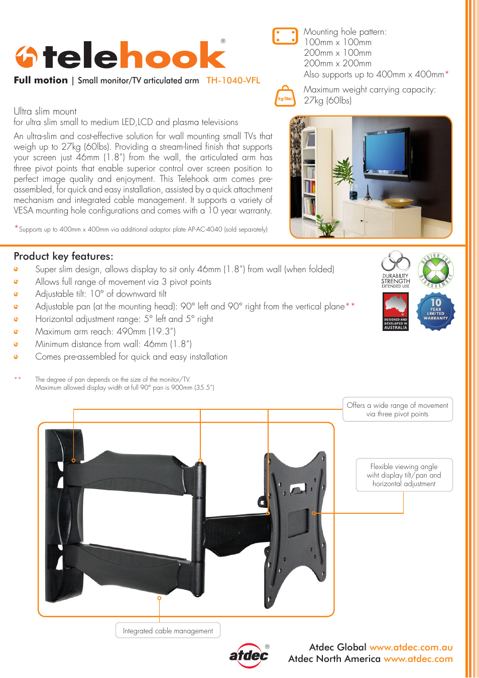 Atdec Telehook TH-1040-VFL product brochure User Manual | 2 pages