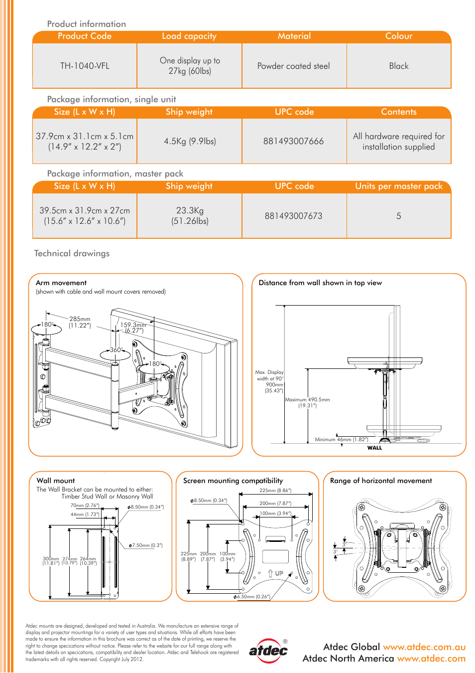 Package information, master pack, Technical drawings | Atdec Telehook TH-1040-VFL product brochure User Manual | Page 2 / 2