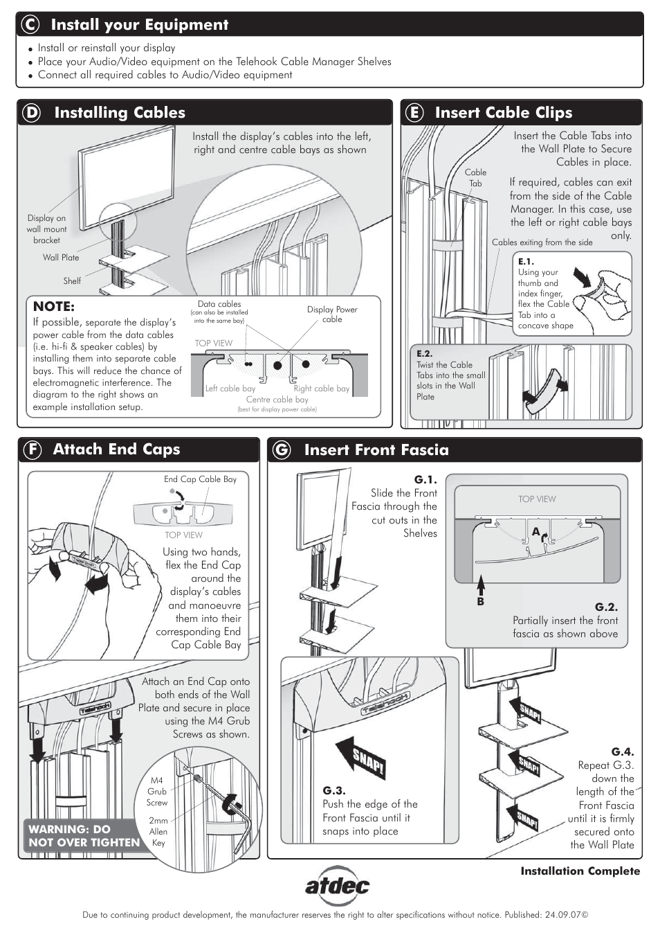 C install your equipment, D installing cables, E insert cable clips | F attach end caps, G insert front fascia | Atdec Telehook TH-CM-SH-2 Installation manual User Manual | Page 2 / 2