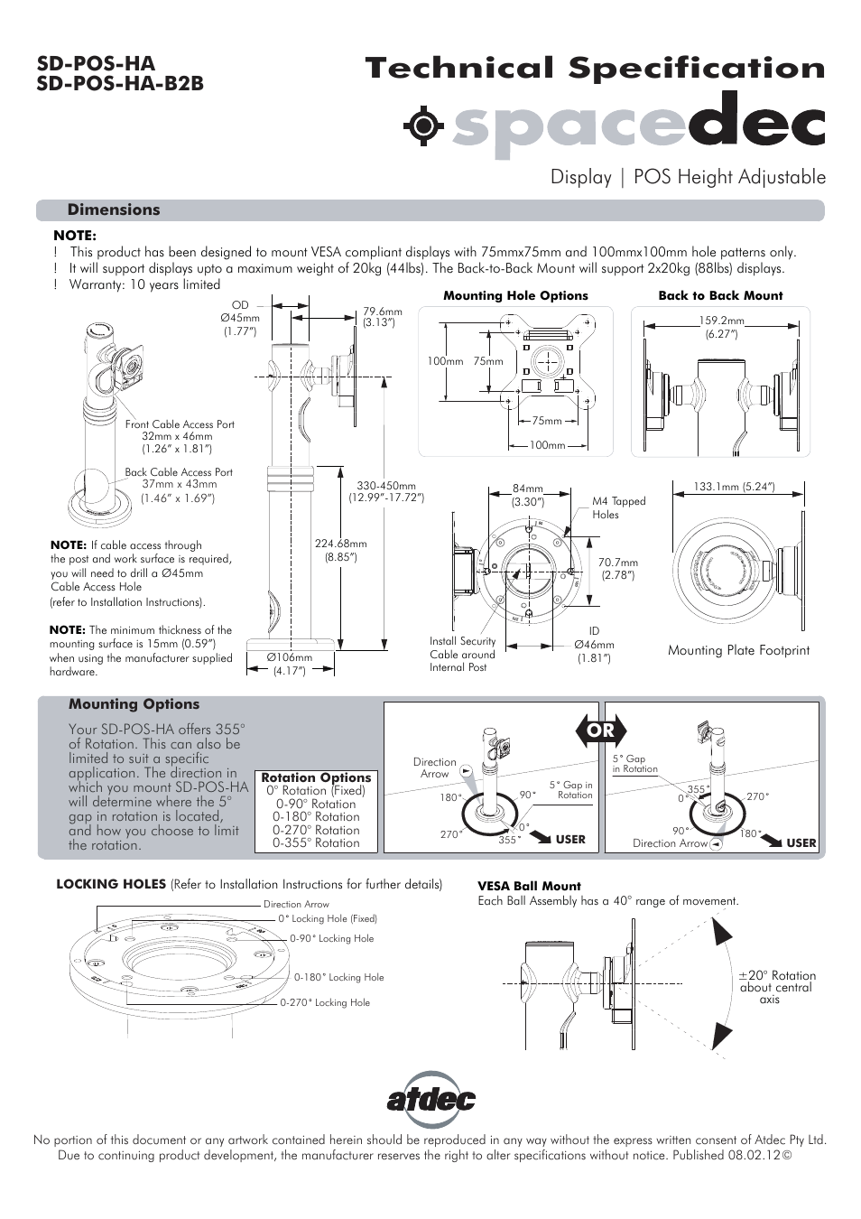 Atdec Spacedec SD-POS-HA Technical specs User Manual | 1 page