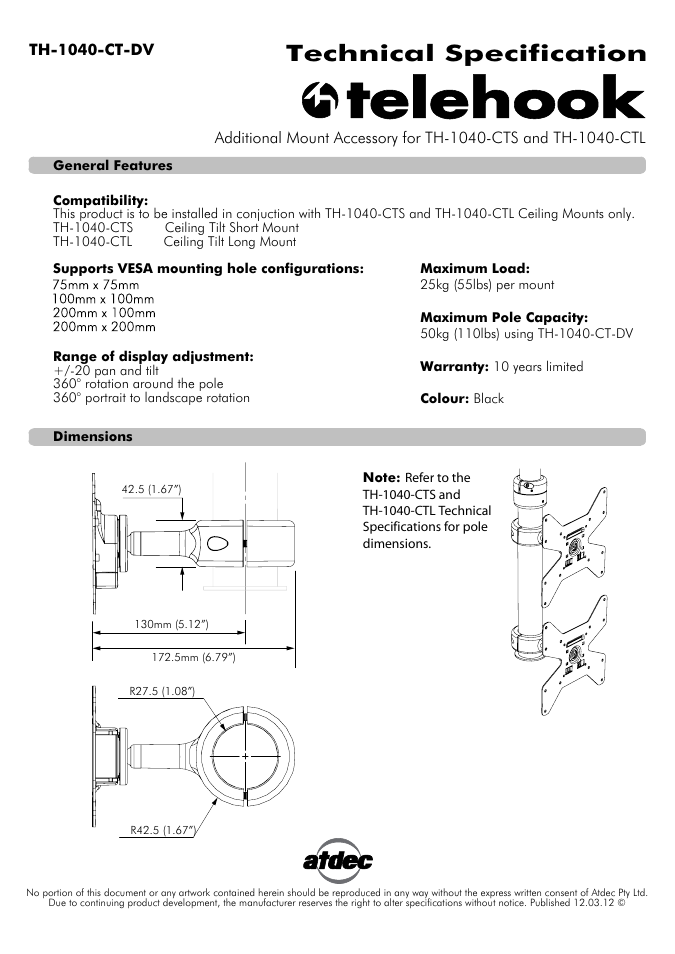 Atdec Telehook TH-1040-CT-DV Technical specs User Manual | 1 page