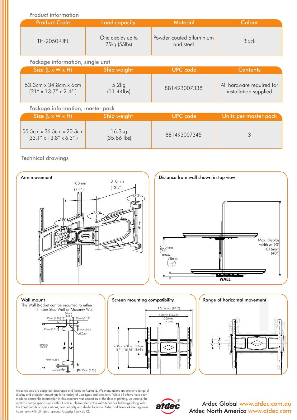 Atdec Telehook TH-2050-UFL product brochure User Manual | Page 2 / 2