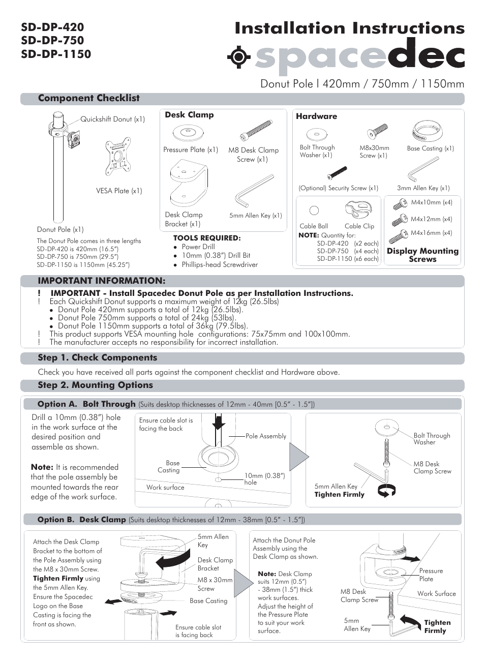 Atdec Spacedec SD-DP-420 Installation manual User Manual | 2 pages