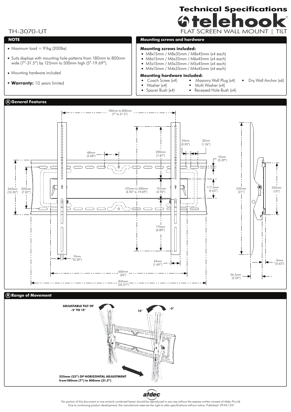 Atdec Telehook TH-3070-UT Technical specs User Manual | 1 page