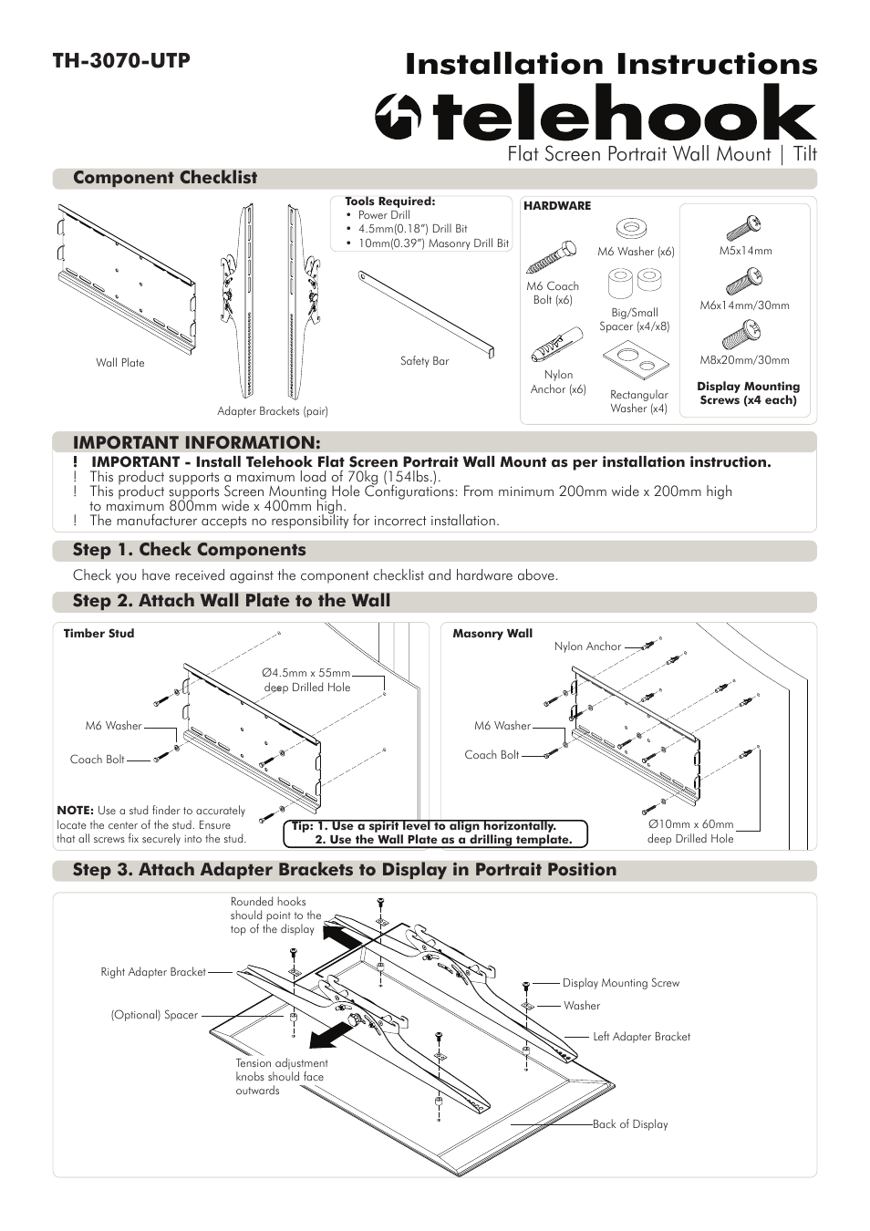 Atdec Telehook TH-3070-UTP Installation manual User Manual | 2 pages