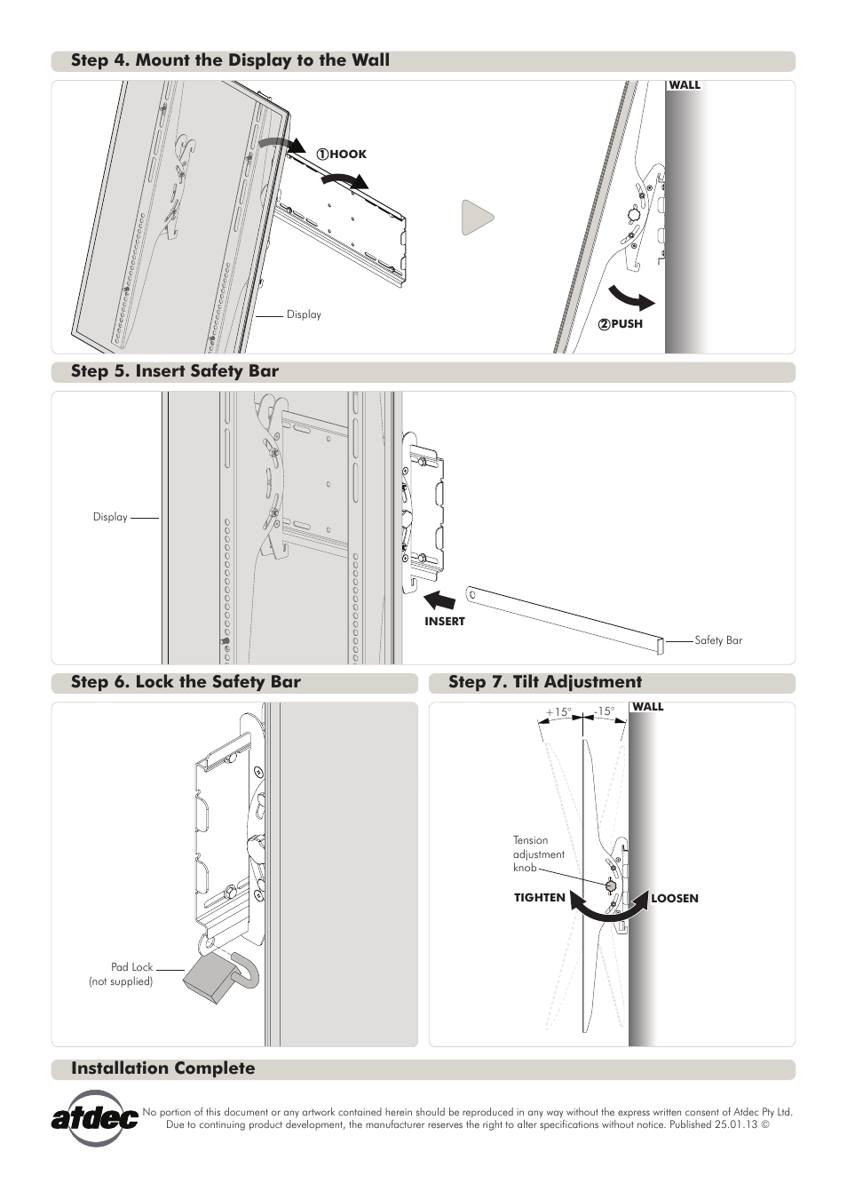 Installation complete, Step 5. insert safety bar, Step 4. mount the display to the wall | Atdec Telehook TH-3070-UTP Installation manual User Manual | Page 2 / 2