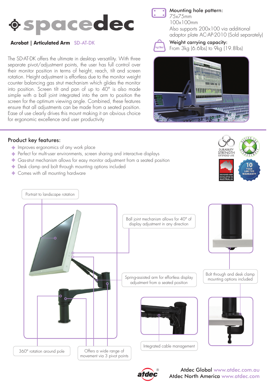 Atdec Spacedec SD-AT-DK product brochure User Manual | 2 pages