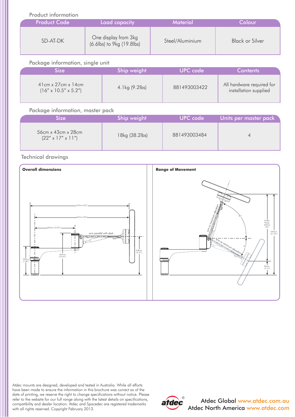 Steel/aluminium, Black or silver, Technical drawings | All hardware required for installation supplied 4 | Atdec Spacedec SD-AT-DK product brochure User Manual | Page 2 / 2