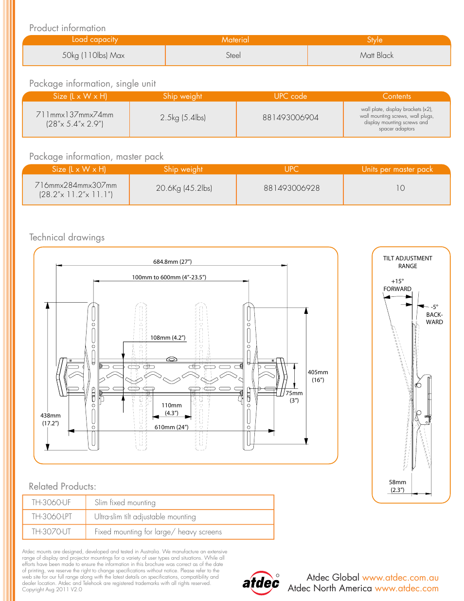 Th-3060-ut-back-rev01-pbk, Related products | Atdec Telehook TH-3060-UT product brochure User Manual | Page 2 / 2